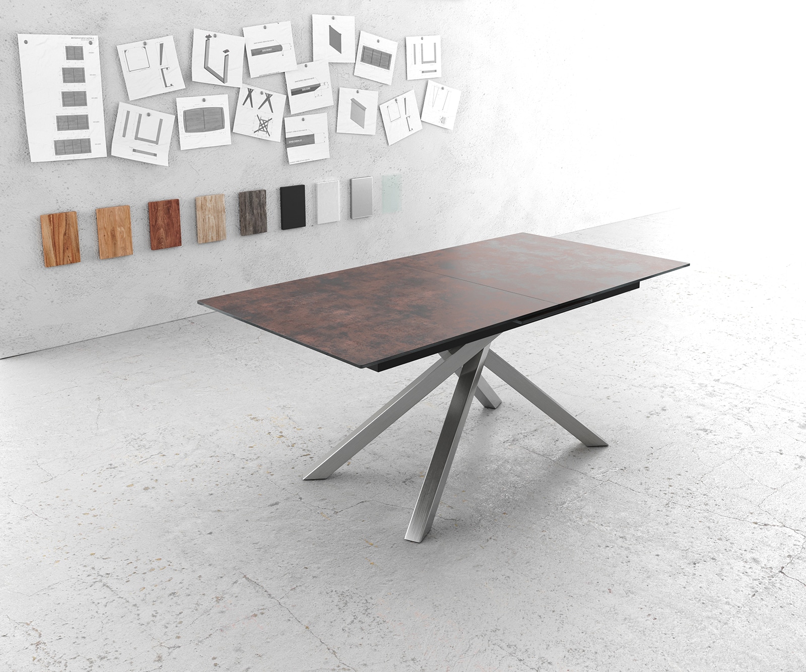 Table-à-manger Edge 180-220x90cm verre Antique-marron pieds milieu croisé argent 1 Table-à-manger Edge 180-220x90cm verre Antique-marron pieds milieu croisé argent 1