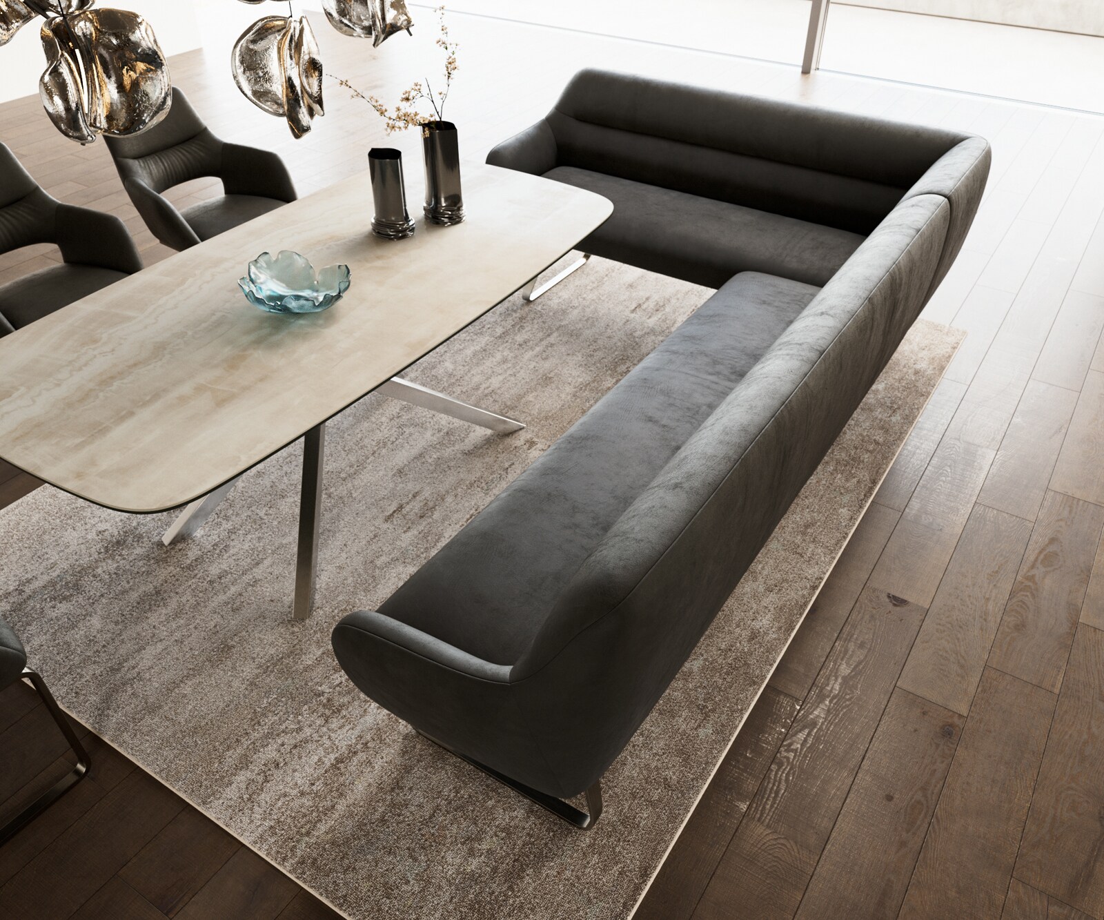 Banc-de-salle-à-manger Taya-Flex 285x190 cm microfibre antracite vintage châssis à patins plat acier inoxydable ressort ensaché à droite 4