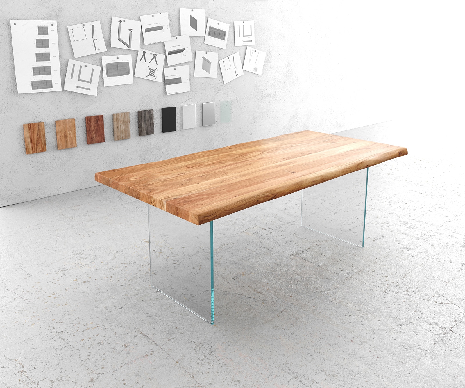 Table-à-manger Edge 200x100 XL acacia nature verre Live-Edge Table-à-manger Edge 200x100 XL acacia nature verre Live-Edge