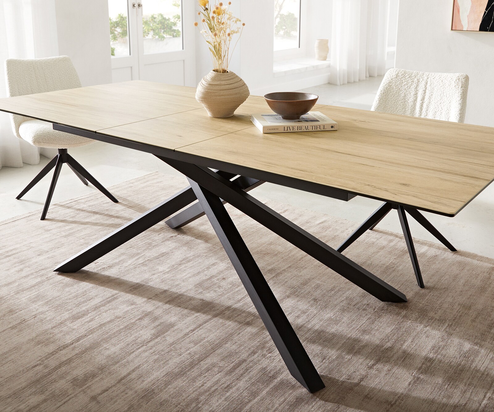 Table à manger Edge 180-220x100 céramique Laminam® Sabbia couleur chêne cadre croisé rectangulaire noir extensible 6