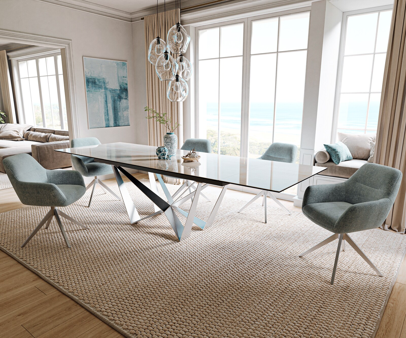 Table à manger extensible Edge 200-300x100 cm céramique Onyx Champagne Spider acier plat inox 7