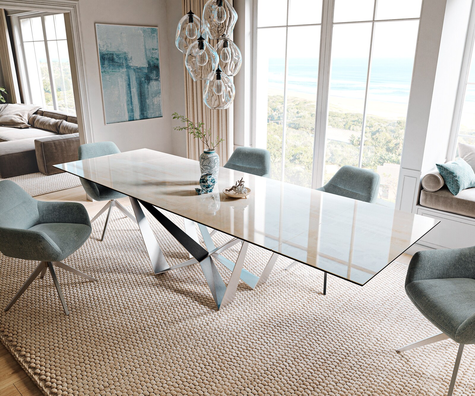 Table à manger extensible Edge 200-300x100 cm céramique Onyx Champagne Spider acier plat inox 1