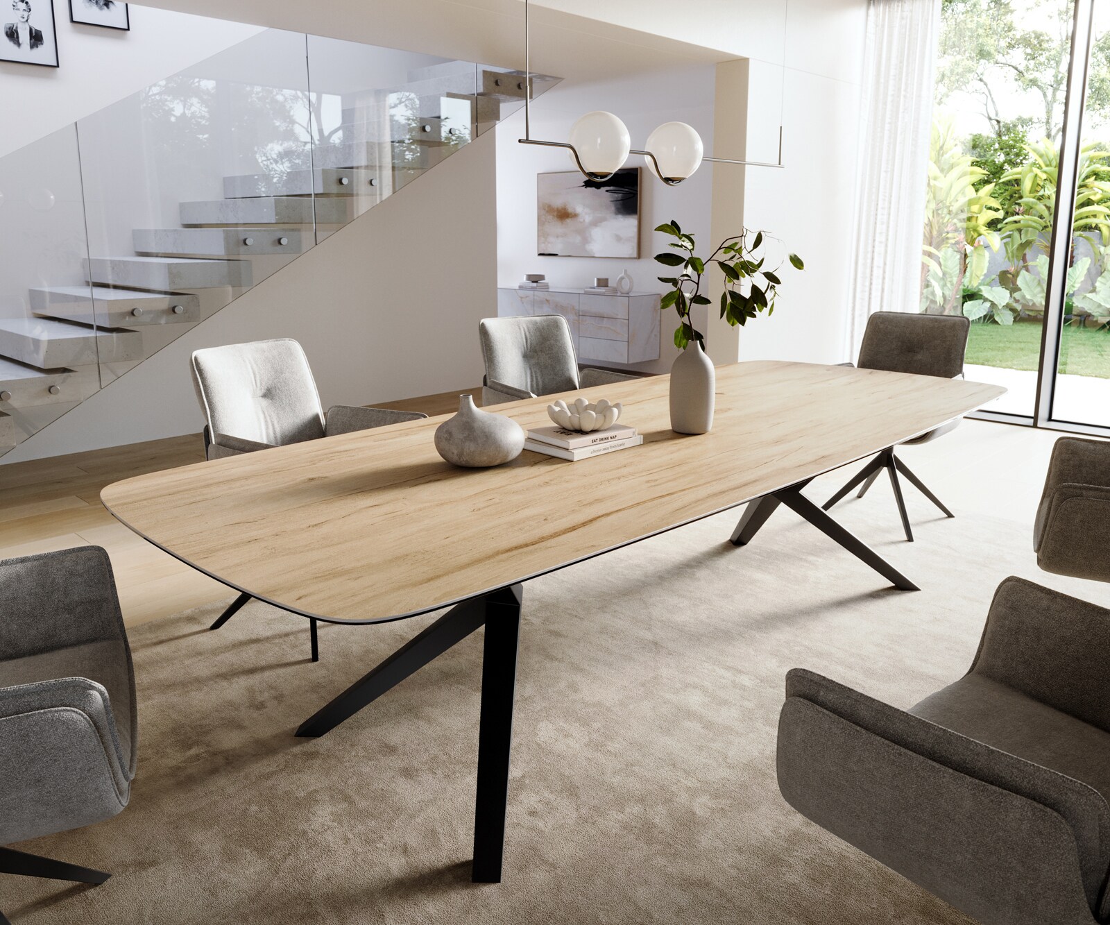 Table à manger Edge Boot 300x120 cm Céramique Laminam® Sabbia Eichefarbig Zenthara anguleux Métal Noir 1