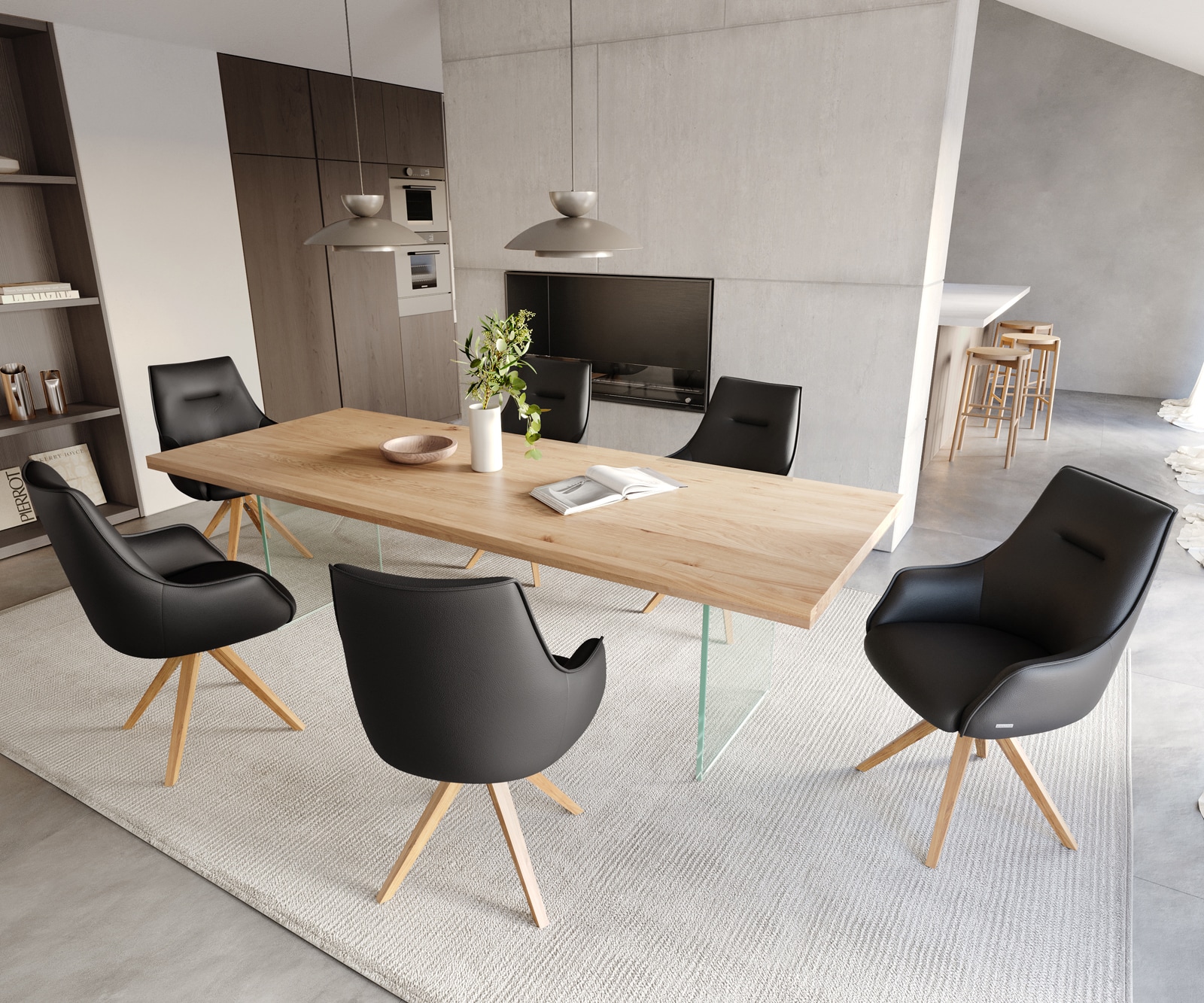 Chaise-pivotante Alja-Flex avec accoudoirs cuir de vache noir pied en bois angulaire naturel pivotement sur 180° ressorts ensachés 6 Chaise-pivotante Alja-Flex avec accoudoirs cuir de vache noir pied en bois angulaire naturel pivotement sur 180° ressorts ensachés 6