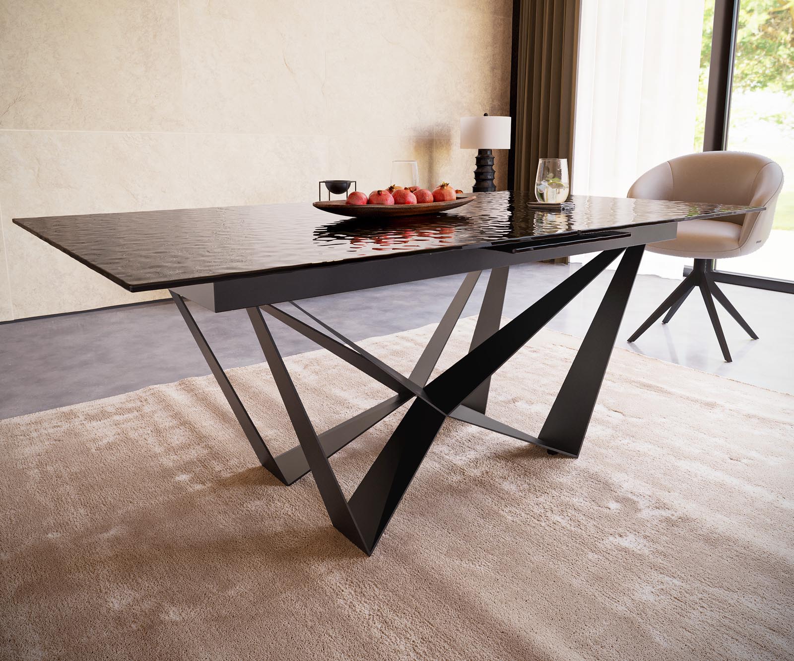 Table à manger Edge 180-220x100 verre fondu noir fumé relief en 3D Spider acier plat noir extensible 4 Table à manger Edge 180-220x100 verre fondu noir fumé relief en 3D Spider acier plat noir extensible 4