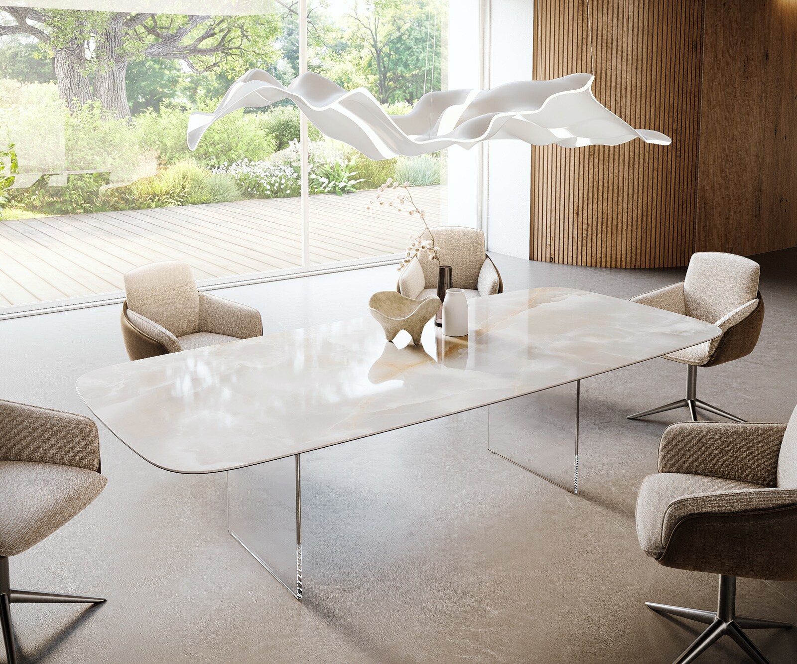 Table à manger Edge Boot 270x120 cm Céramique Iris FMG Onice Grigio piètement en verre