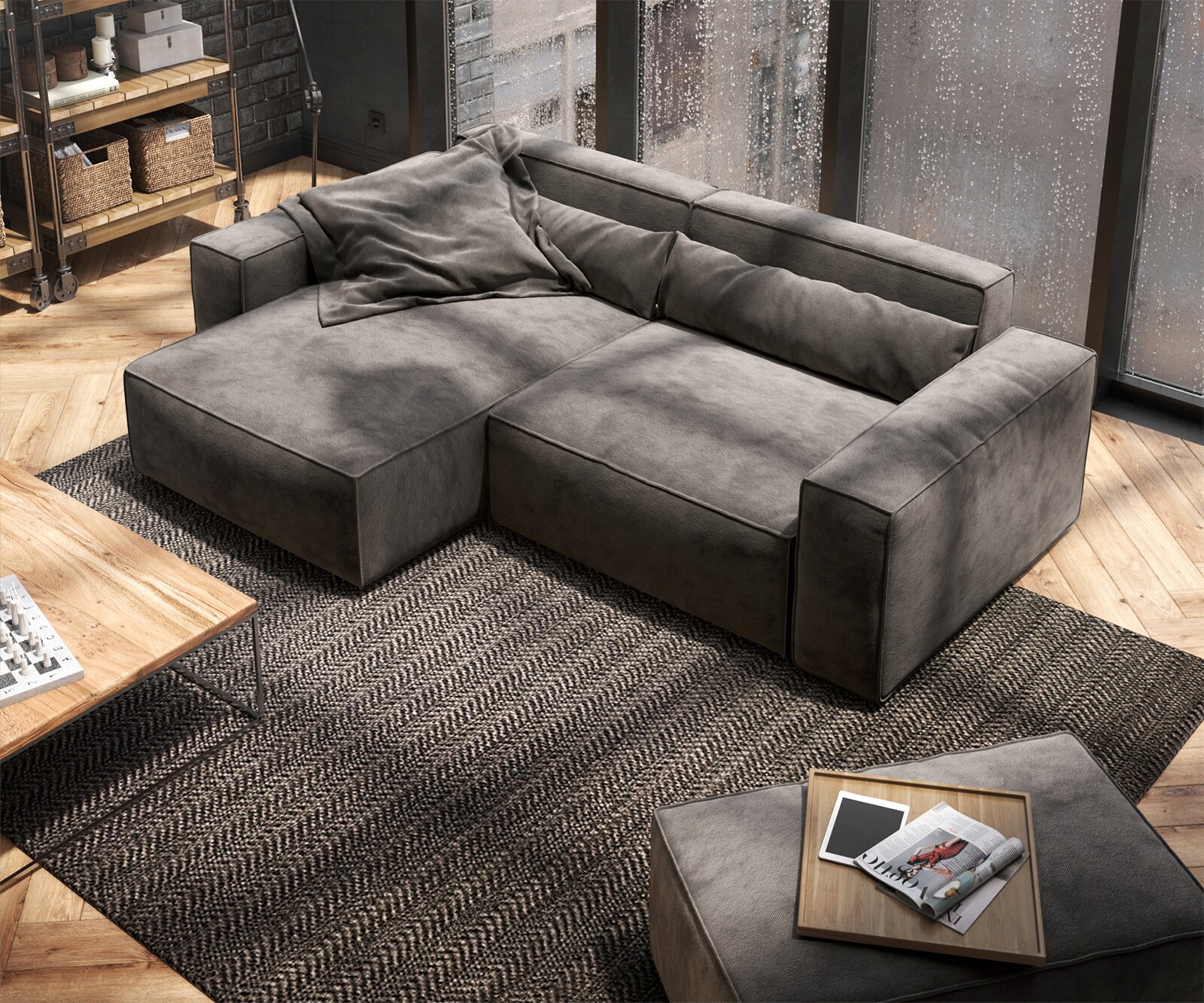 Canapé d'angle Sirpio 230x150 cm Microfibre Marron Kaki Recamiere variable avec Tabouret 3