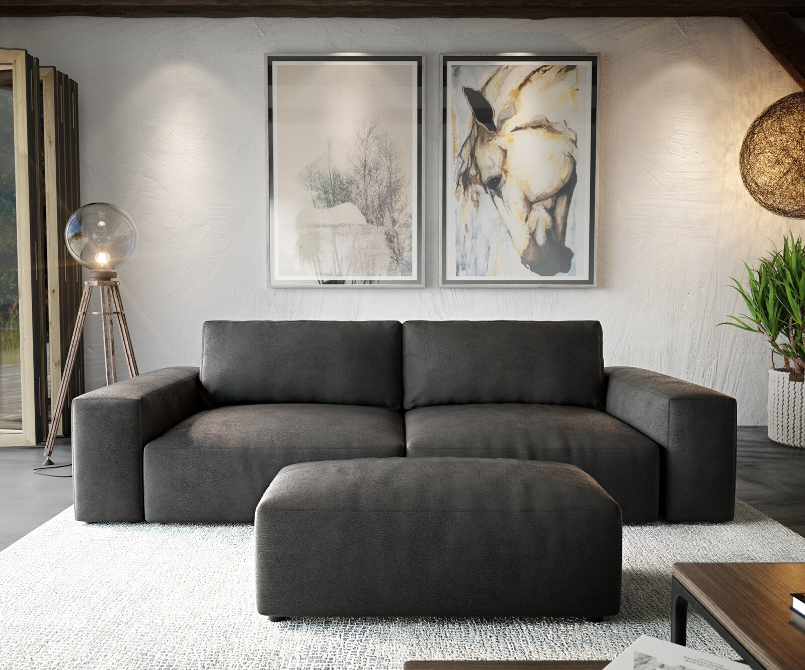 Grand Canapé Lanzo XL 270x130 cm imitation cuir vintage anthracite avec Tabouret 1