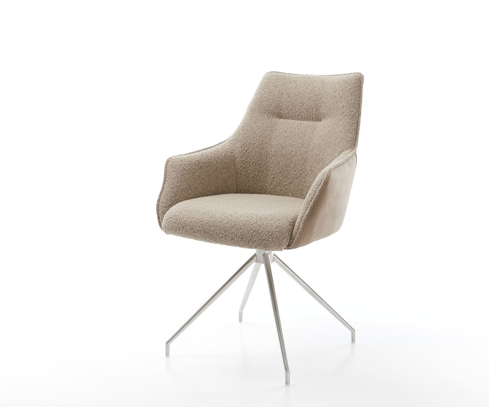 Chaise-pivotante Alja-Flex avec accoudoirs tissu mixte couleur boue pied croisé conique acier inoxydable brossé pivotement sur 180° ressorts ensachés