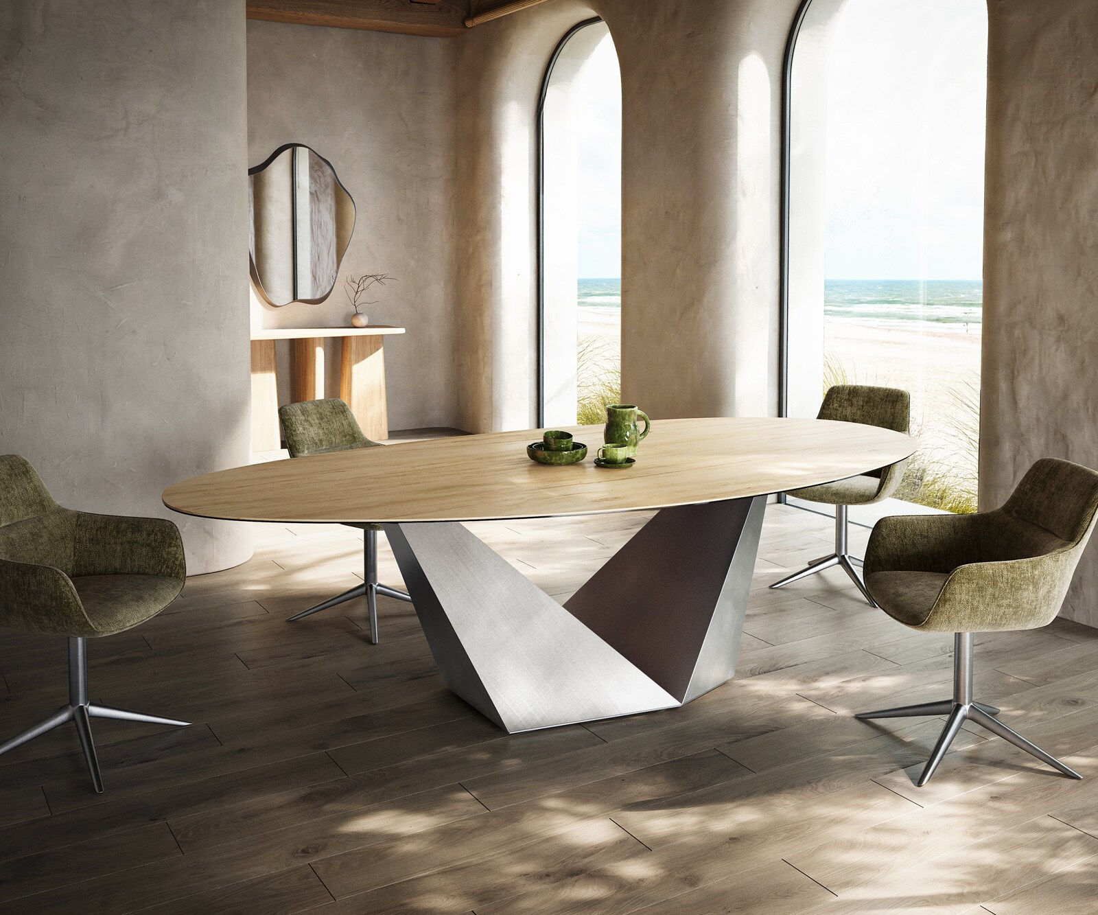 Table à manger Edge ovalee 280x130 céramique Laminam® Sabbia chêne coloré Prisma métallique argent 2