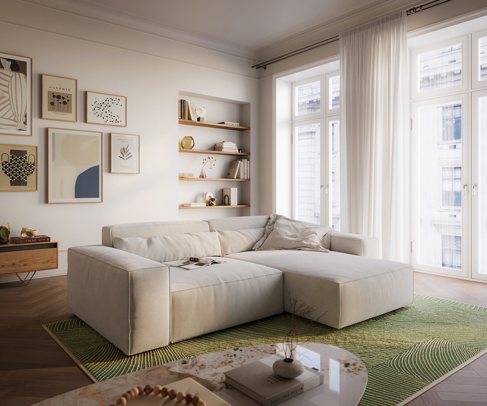 Canapé d'angle Sirpio XL 270x170 cm Tissu texturé doux Beige Méridienne modulable 1