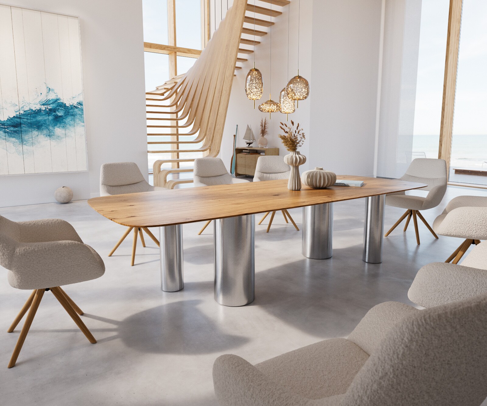 Table à manger Edge Boot 300x120x2,5-3 Chêne Nature Pilier Acier inoxydable brossé Bord suisse