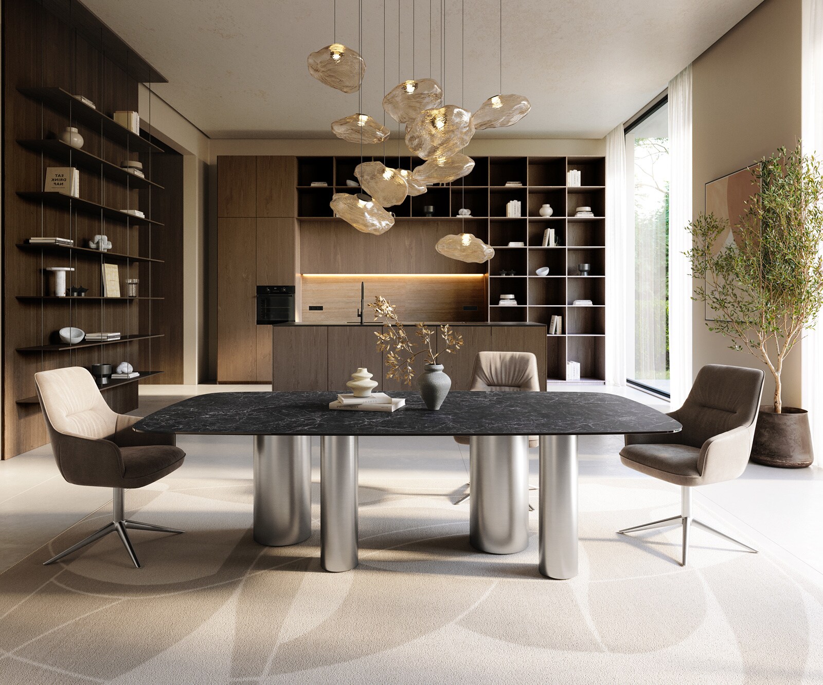 Table à manger Edge Boot 240x120 cm Céramique Laminam® Nero Greco Anthracite Pilier Acier inoxydable gebürstet 1