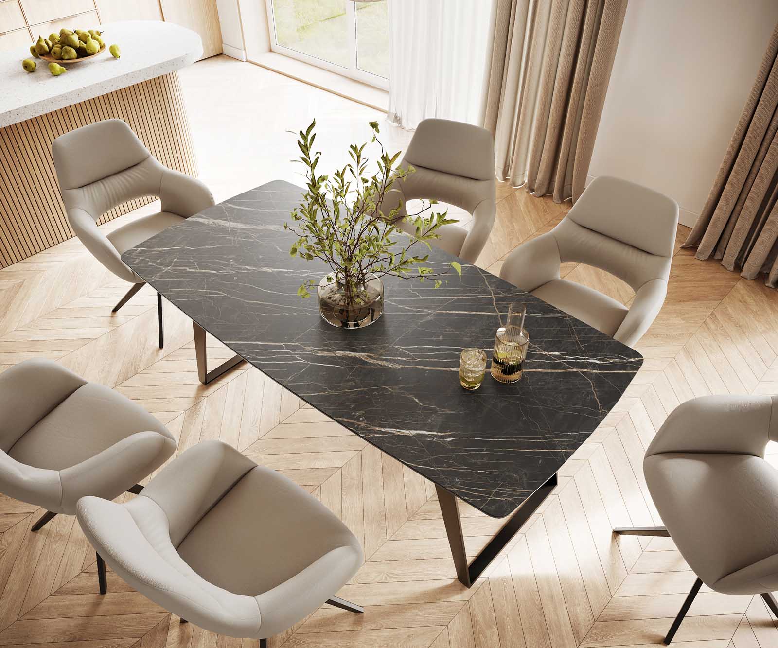 Table-à-manger Edge forme Boot 200x100 céramique Laminam® noir desir brun métal oblique noir 3