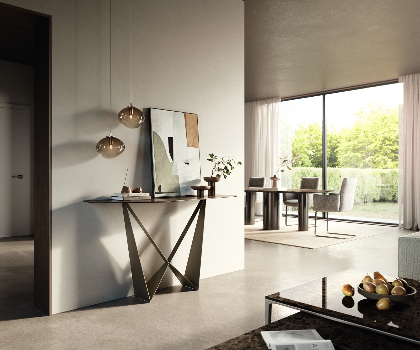 Console Edge Polygonal 140x50 cm Céramique Emperador Extra Lucidato Dunkelbraun Spios Métal Effektfinish Titan 6