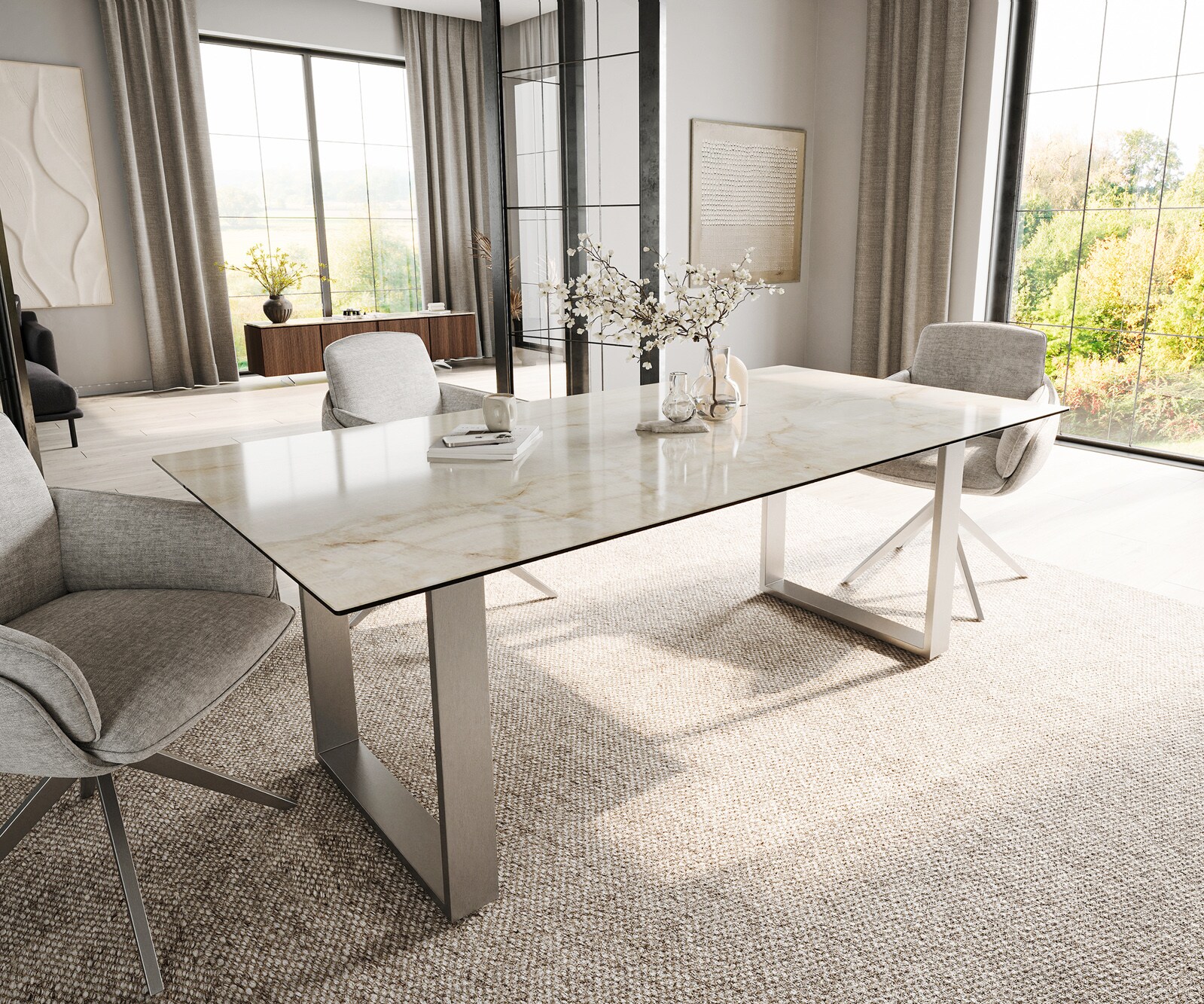 Table à manger Edge 200x100 Céramique Laminam® Onice Oro Acier inoxydable Étroit 1