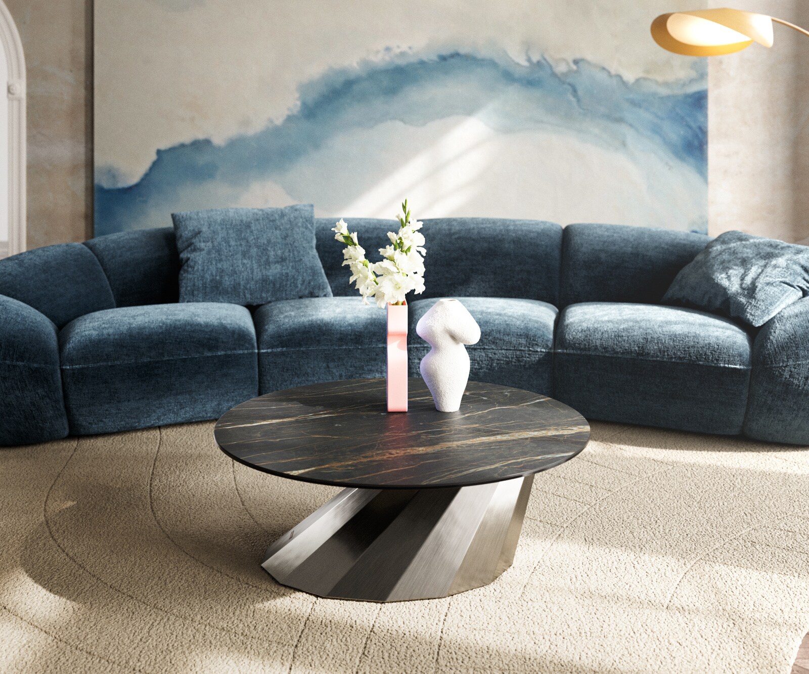 Table basse Edge rond 90x90 cm céramique Laminam® Noir Desir brun Parabi acier inoxydable brossé 2