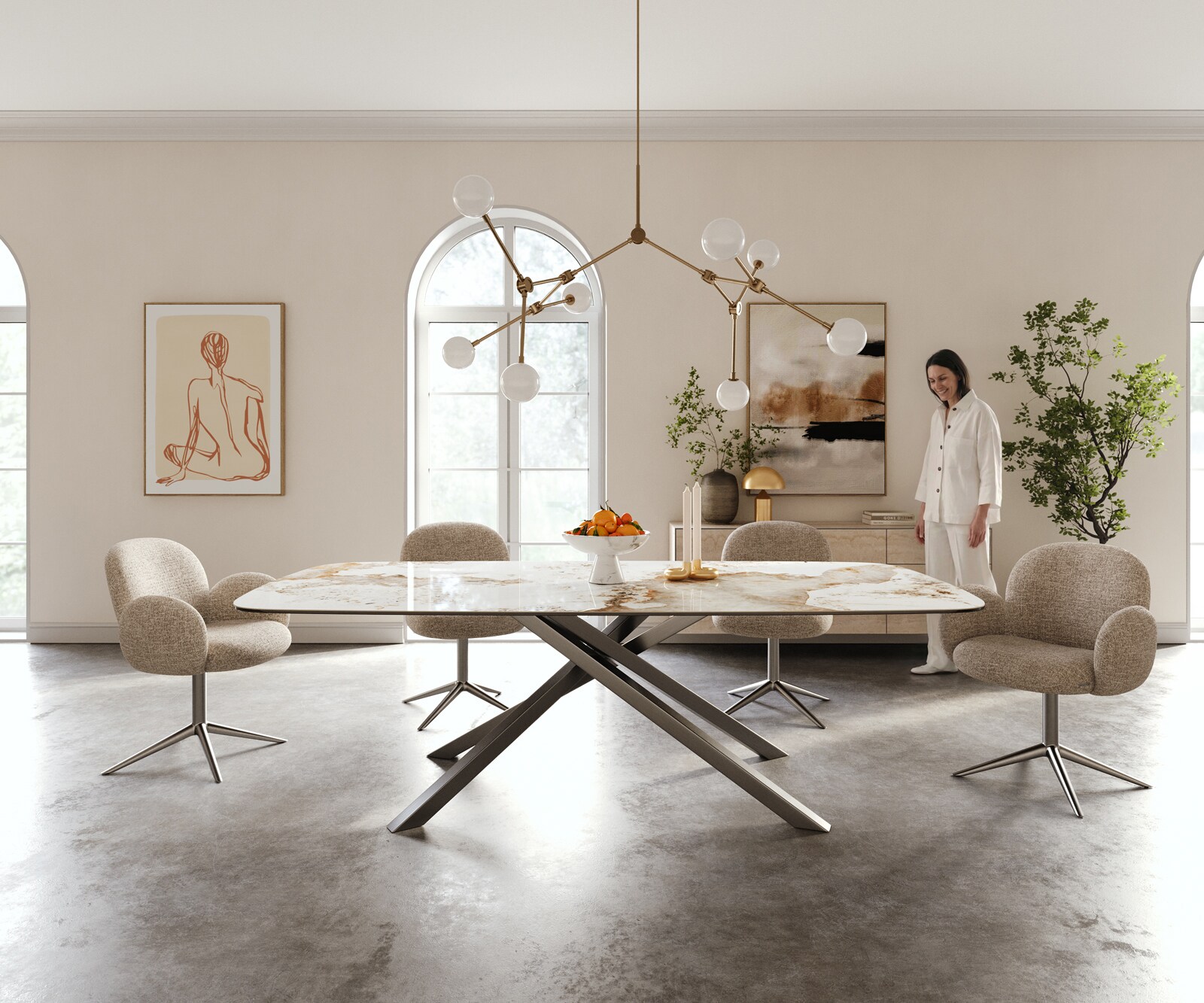 Table à manger Edge Boot 240x120 cm Céramique Minas Melange Blanc-Beige piètement en croix Rectangle Acier inoxydable Graphite 1