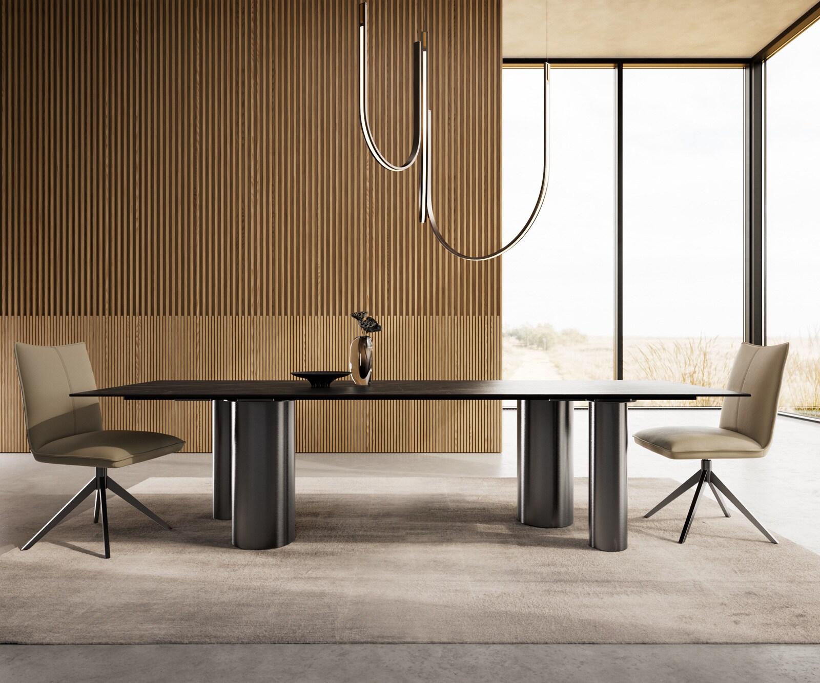 Table à manger Edge 300x100 Céramique Laminam®Noir Desir Marron Pilier Acier inoxydable Graphite 1
