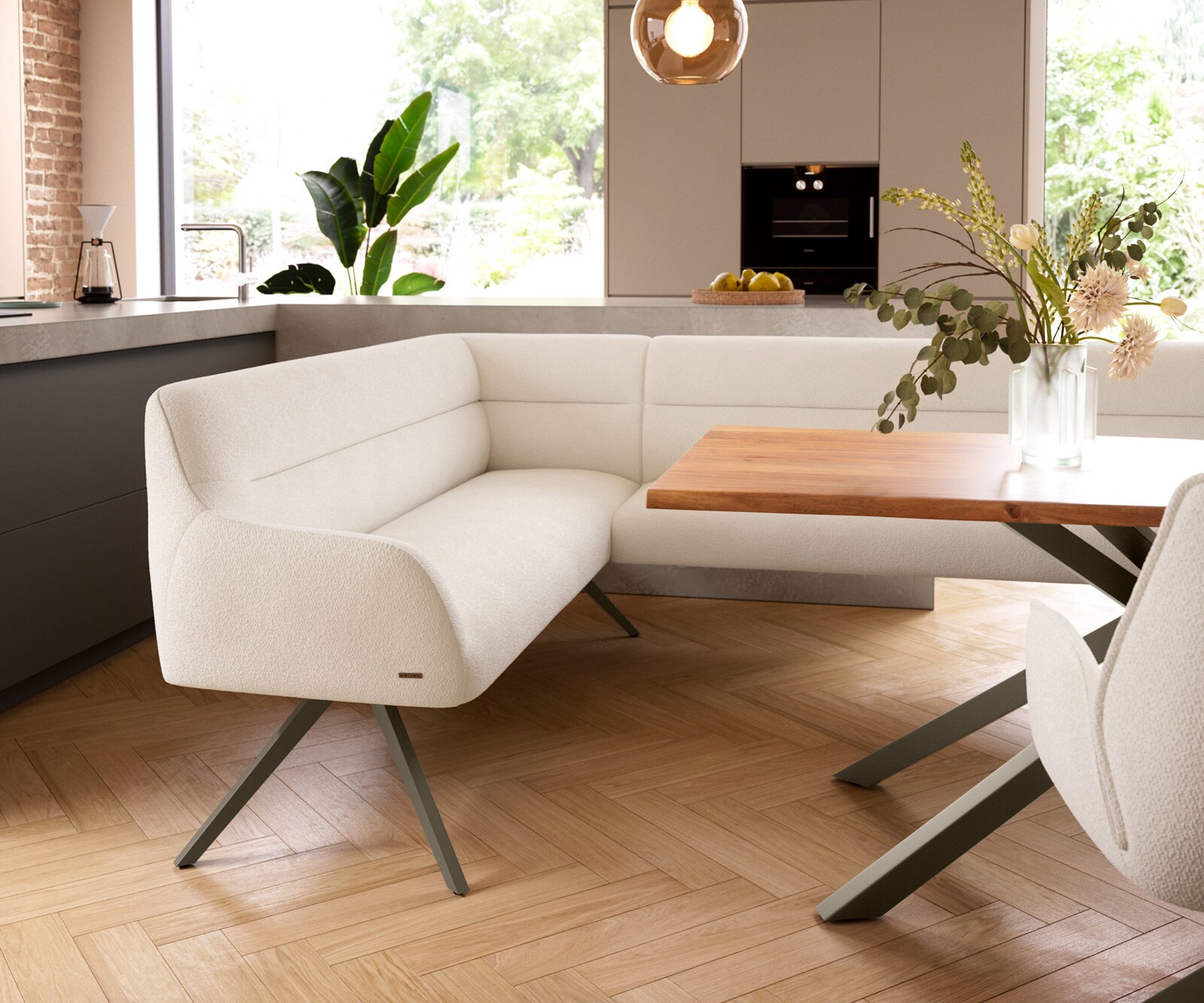 Banc-de-salle-à-manger Taya-Flex 285x190 cm bouclé crème-blanc pied croisé angulaire titane ressort ensaché liens 5