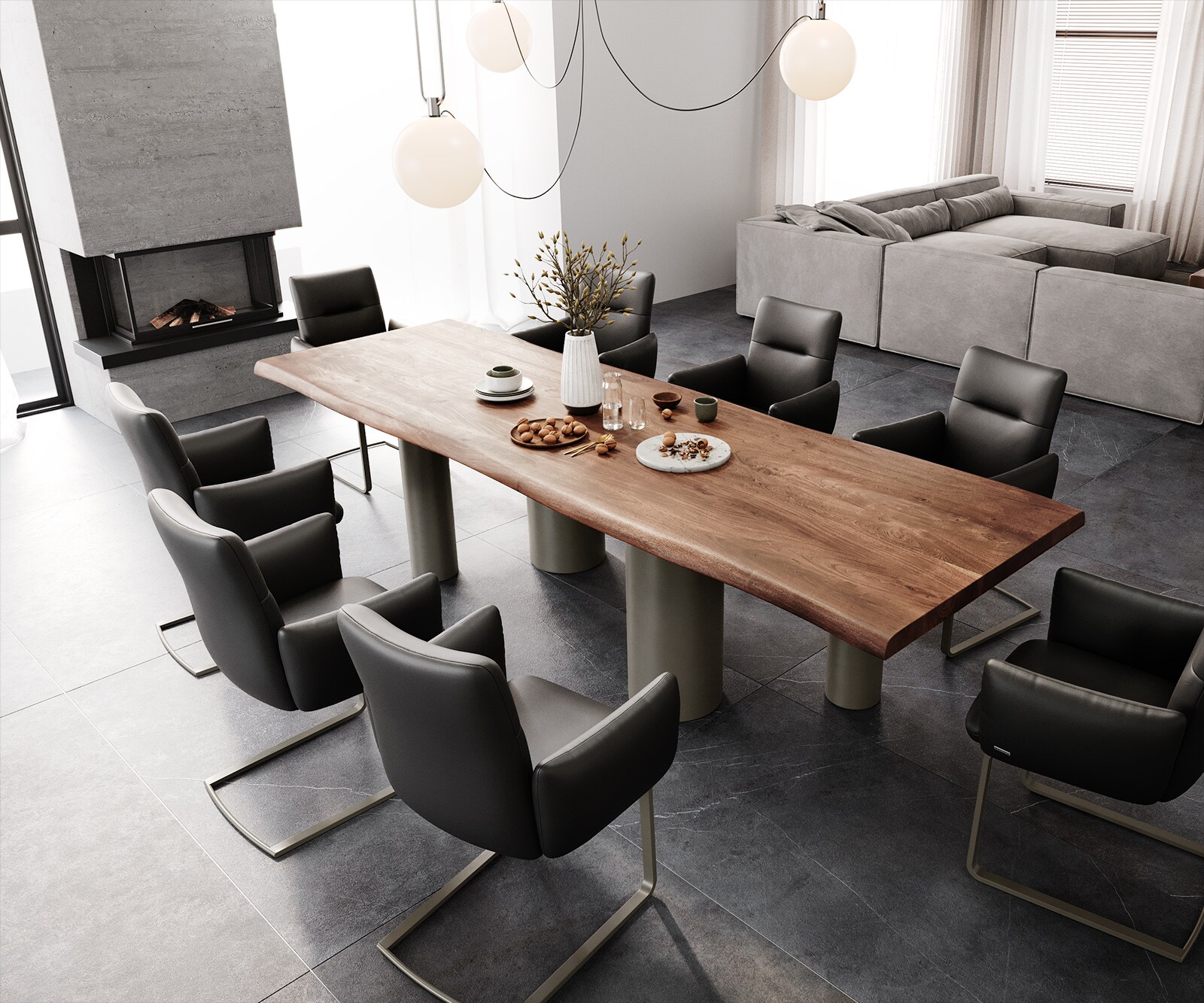 Table à manger Edge 300x100 XL Acacia Marron Pilier Métal finition à effet Titane Live-Edge 4
