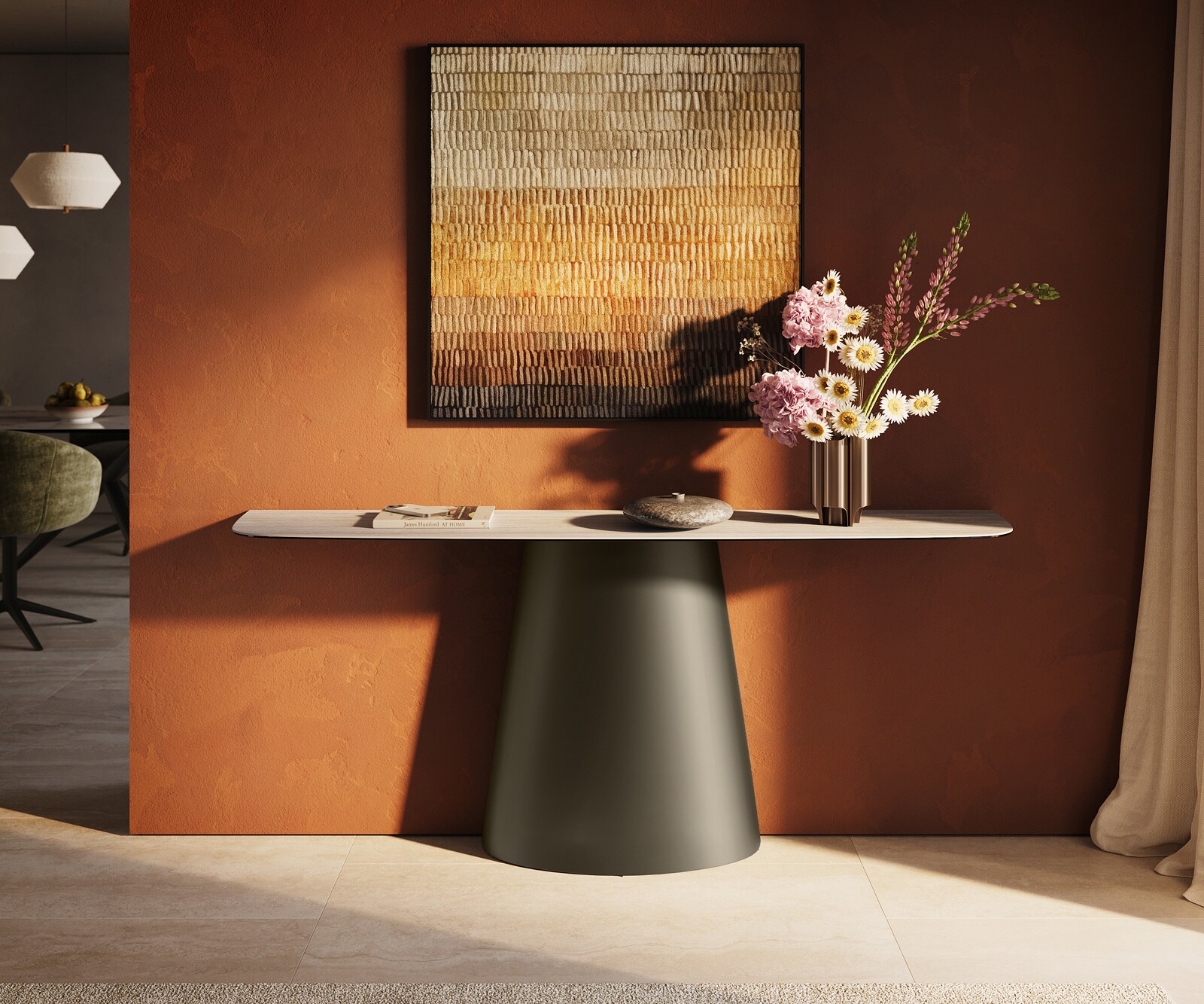 Console Edge forme bateau 180x40 cm Céramique Laminam® Travertino Bianco Creme-Weiß Conos Métal Effektfinish Titan 2