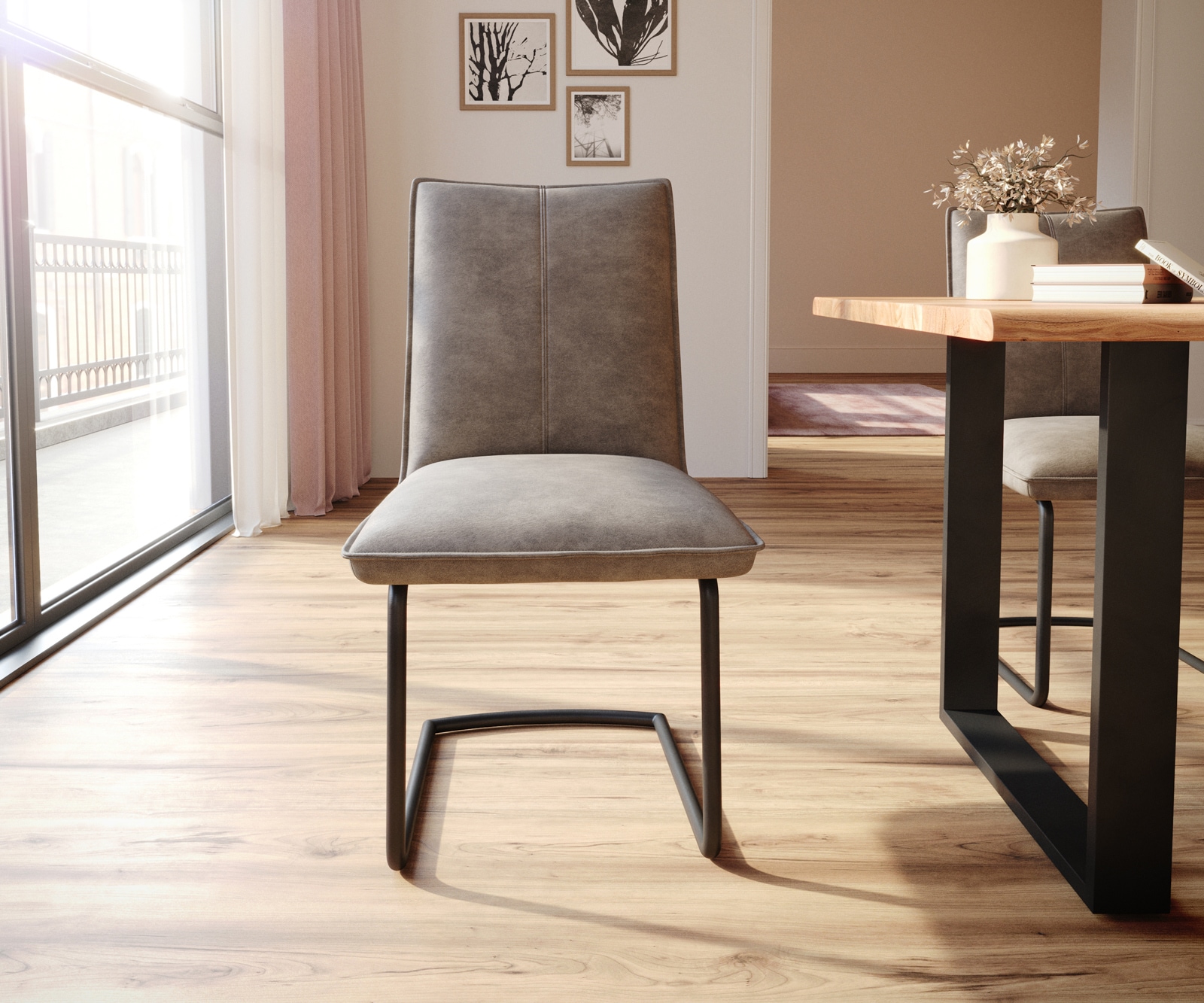 Cantilever Lelio-Flex microvelours taupe vintage pied cantilever rond noir ressorts ensachés 2