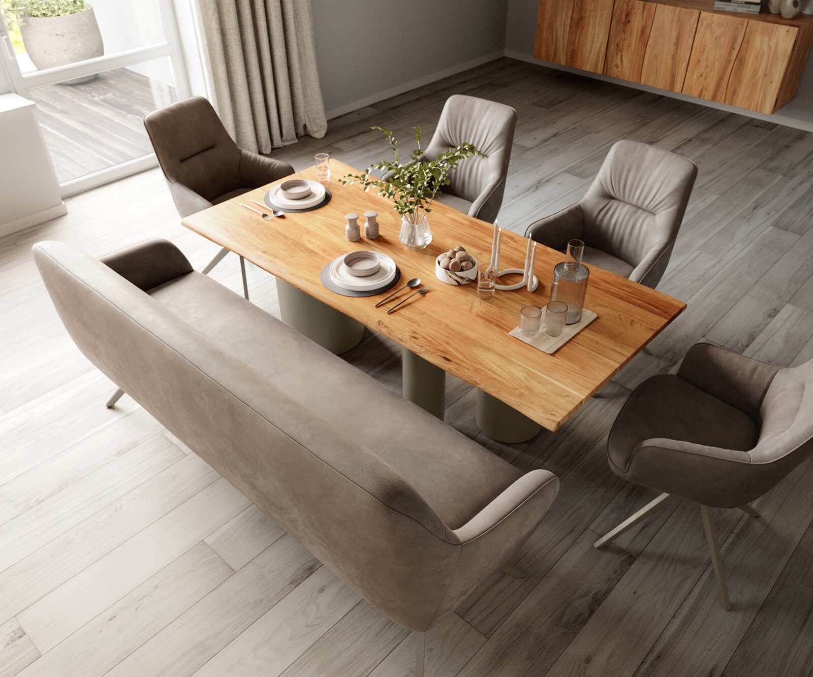 Banc-de-salle-à-manger Taya-Flex 200 cm microfibre taupe vintage pied croisé angulaire titane ressort ensaché 3