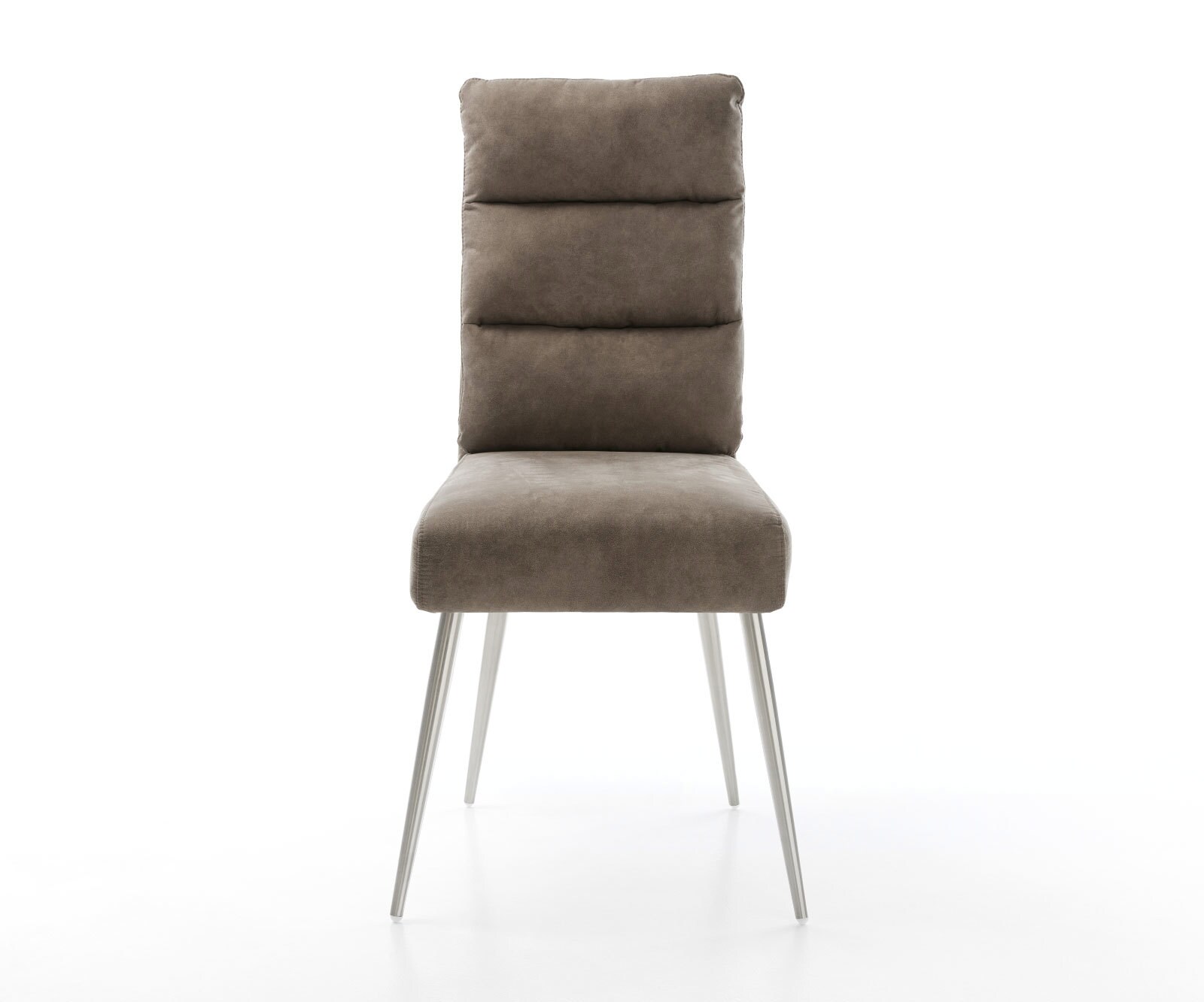 Chaise-de-salle-à-manger Pela-Flex microvelours taupe vintage 4 pieds coniques acier inoxydable brossé ressorts ensachés 1 Chaise-de-salle-à-manger Pela-Flex microvelours taupe vintage 4 pieds coniques acier inoxydable brossé ressorts ensachés 1
