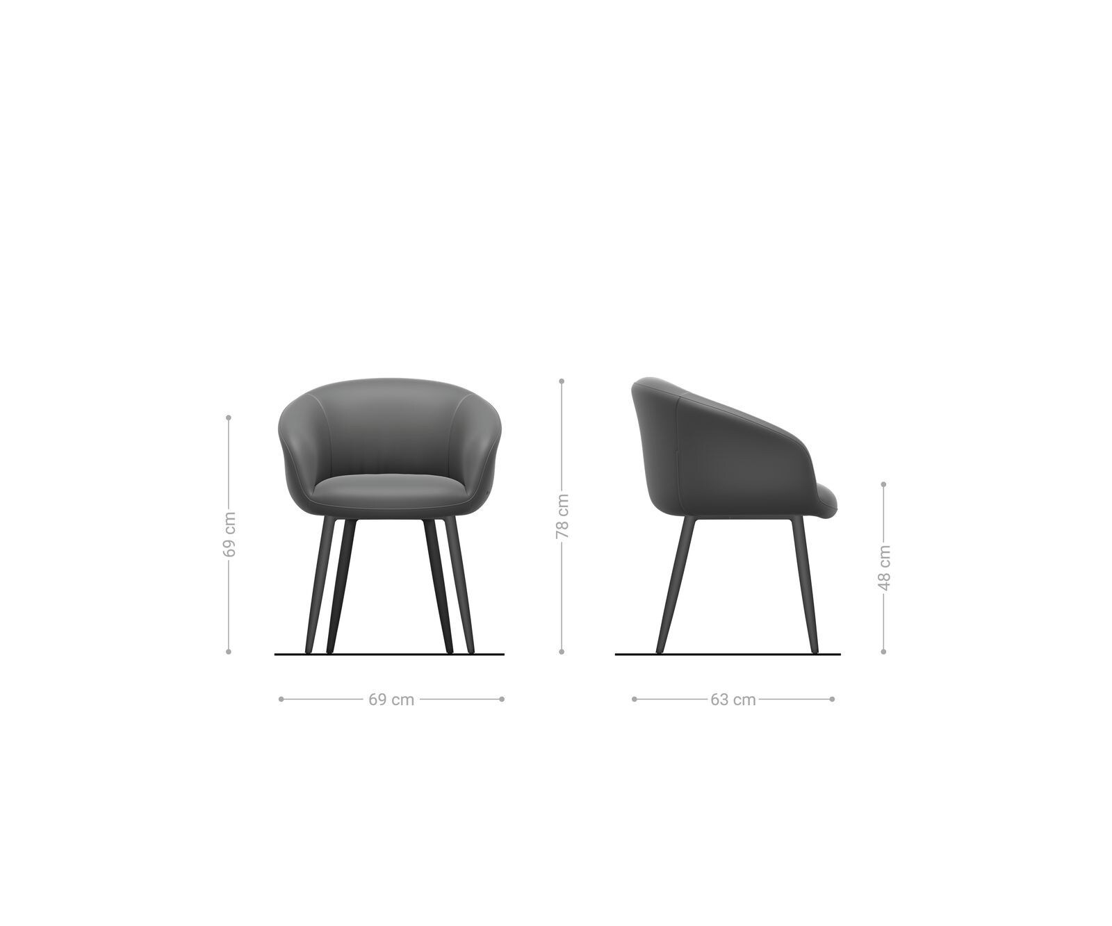 Chaise-de-salle-à-manger Vinka-Flex avec accoudoirs cuir de vache noir 4 pieds coniques acier inoxydable brossé ressorts ensachés 6