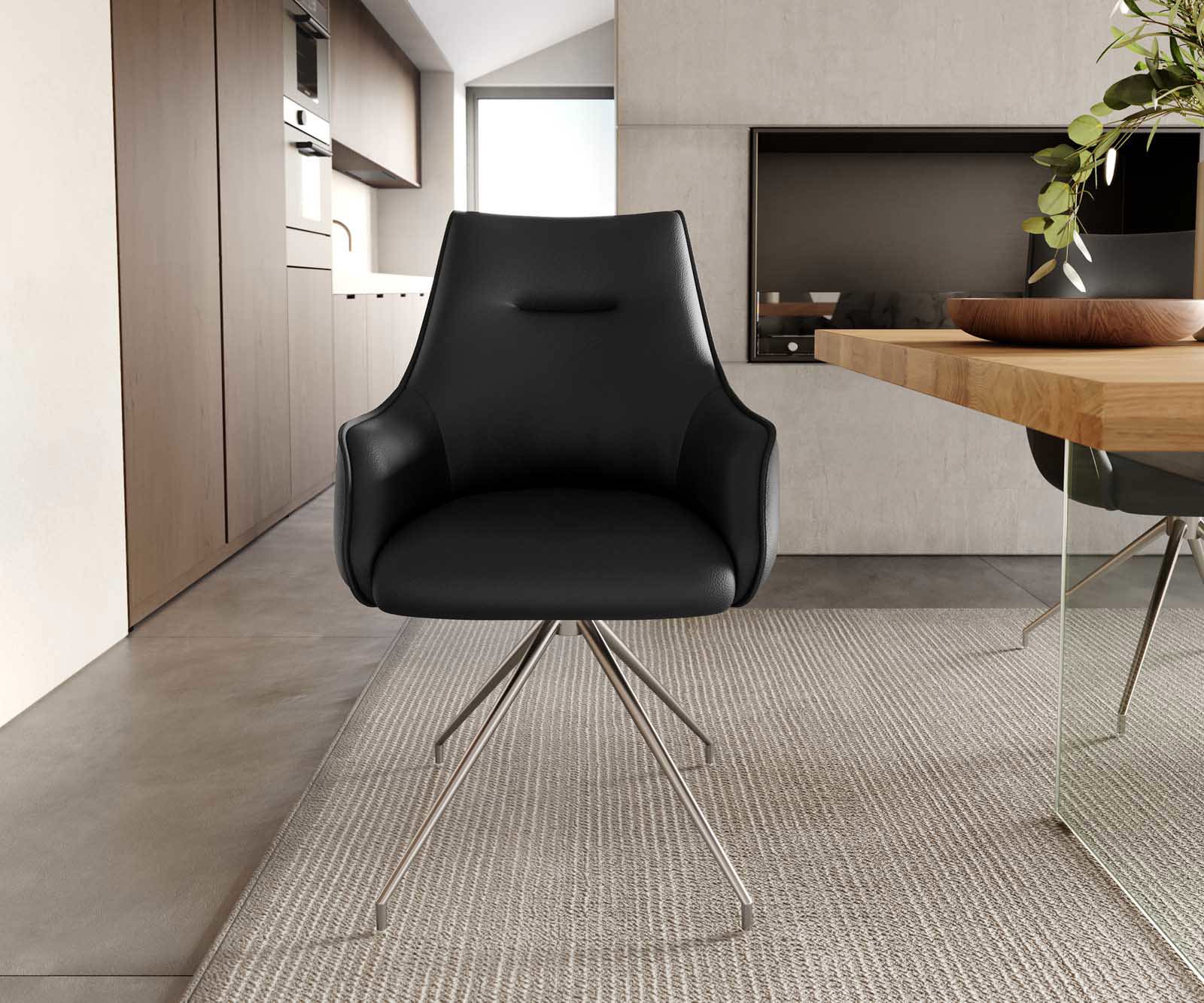 Chaise-pivotante Alja-Flex avec accoudoirs cuir de vache noir pied croisé conique acier inoxydable brossé pivotement sur 180° ressorts ensachés 2