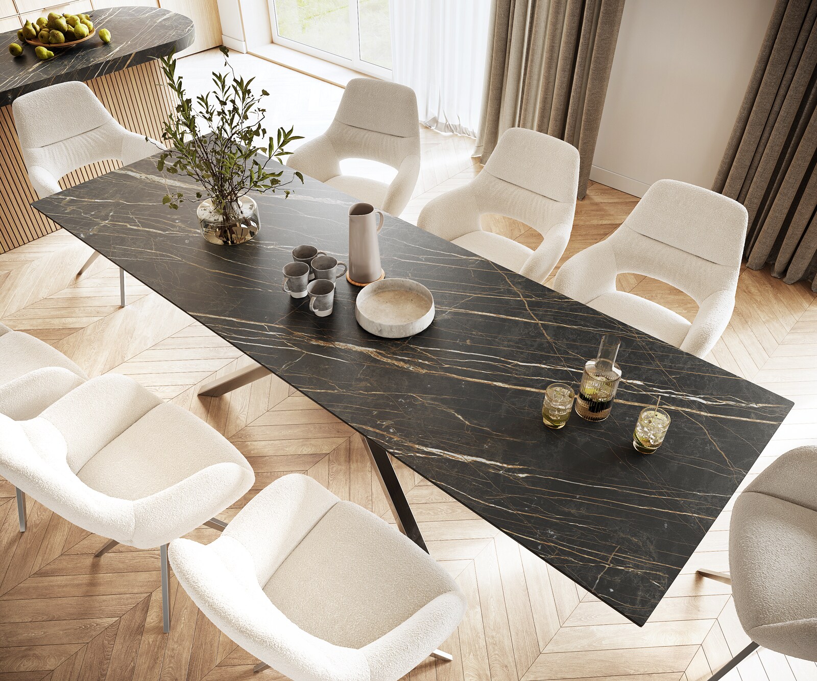 Table-à-manger Edge 300x100cm Laminam® céramique marron pieds milieu croisé argent 3