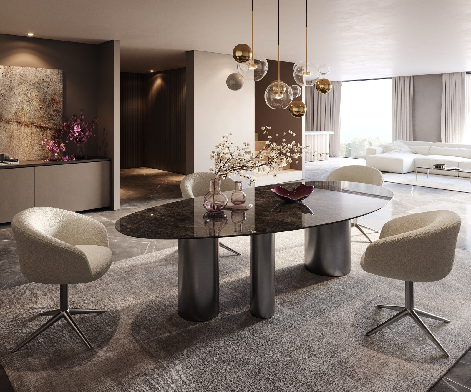 Table de salle à manger Edge Ovale Céramique Emperador Extra Lucidato Brun foncé 280x130 Troa Acier inoxydable Graphite 6