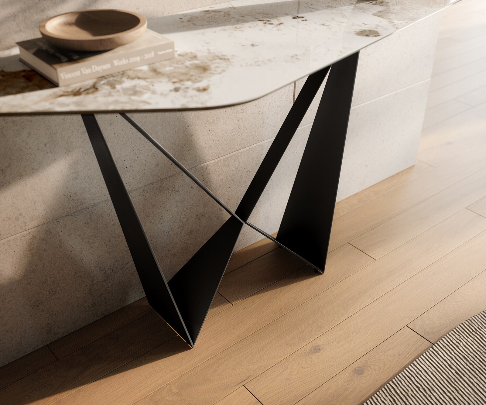 Console Edge Polygonal 140x50 cm Céramique Minas Melange Weiß-Beige Spios Métal Noir 6