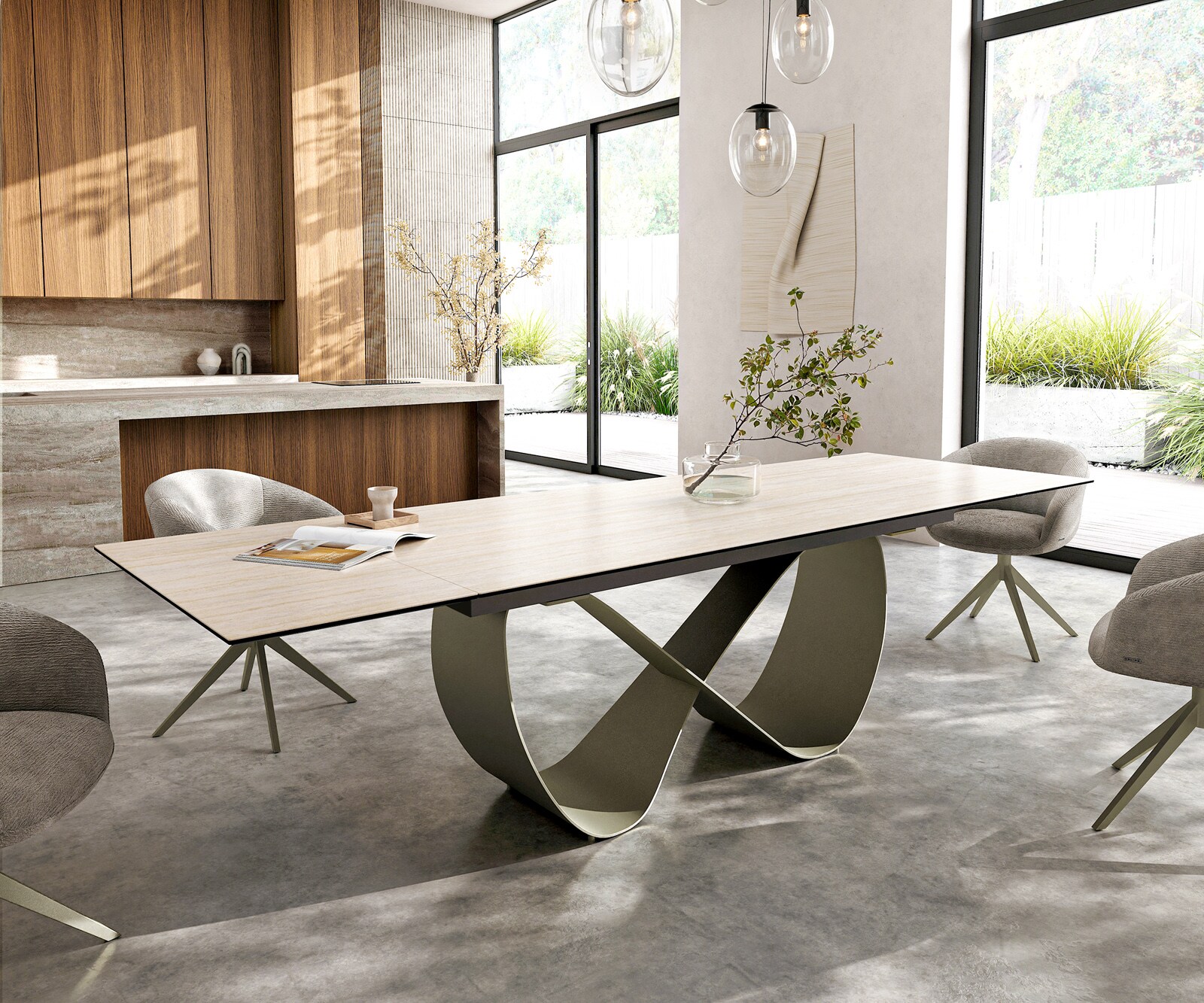 Table à manger Edge 200-300x100 céramique Laminam® Travertino Bianco crème-blanc Infinity métal effet finition titanee extensible