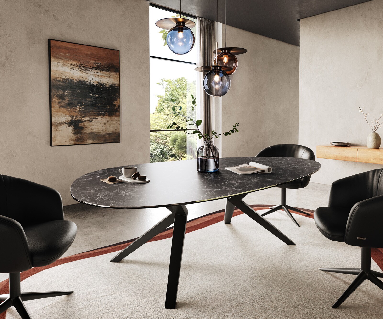 Table à manger Edge Ovale 220x120 Laminam® Céramique Nero Greco Anthracite Zenthara anguleux Métal Noir