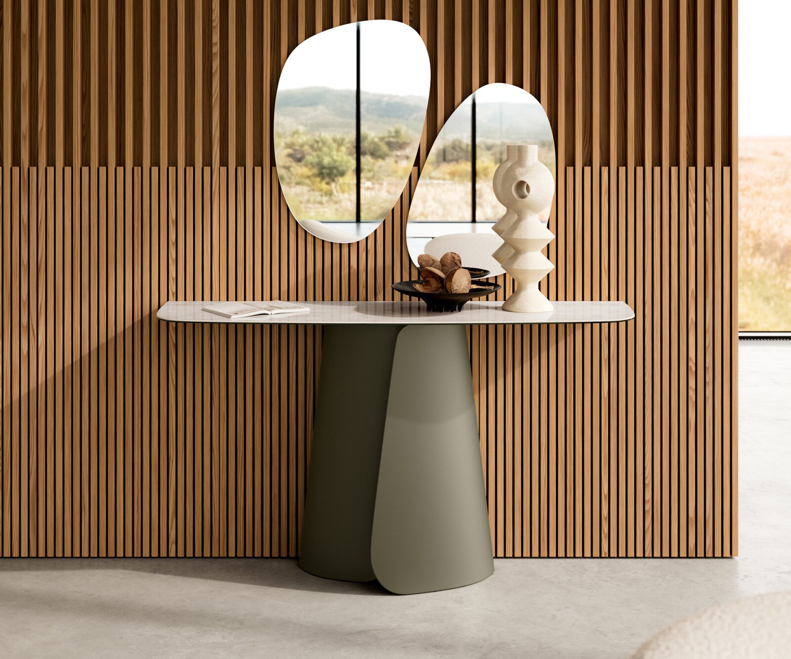 Console Edge forme bateau 140x40 cm Céramique Onyx Champagne Livos Métal Effektfinish Titan 1