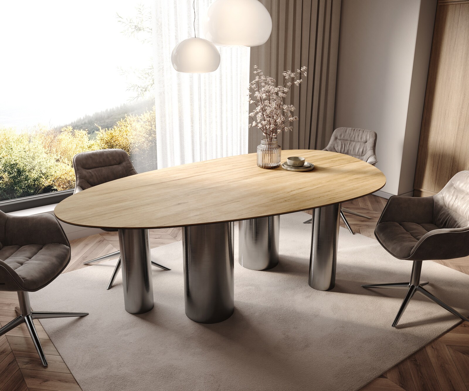 Table à manger Edge Ovale 220x120 Céramique Laminam® Sabbia Couleur chêne Pilier Acier inoxydable Graphite 1
