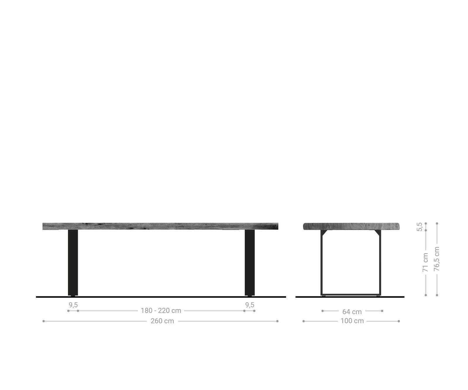 Table-à-manger Edge 260x100 XL acacia nature acier inoxydable mince Live-Edge 8