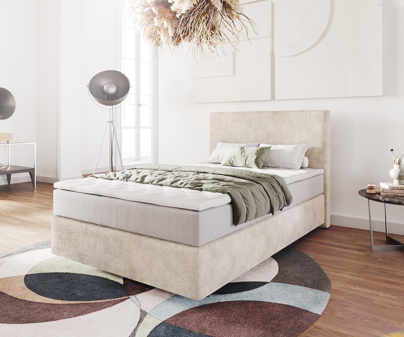 Lit-à-sommier-tapissier Dream-Well 120x200 cm velours côtelé beige avec matelas à ressorts ensachés et surmatelas viscoélastique
