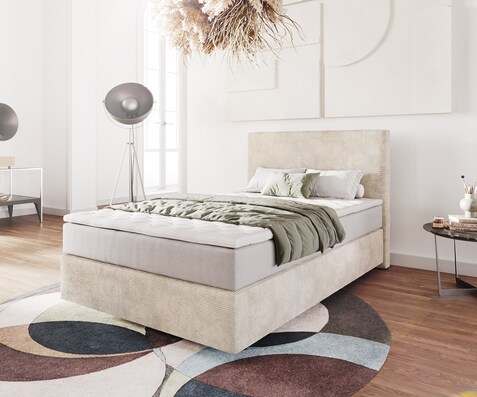 Lit-à-sommier-tapissier Dream-Well 120x200 cm velours côtelé beige avec matelas à ressorts ensachés et surmatelas viscoélastique