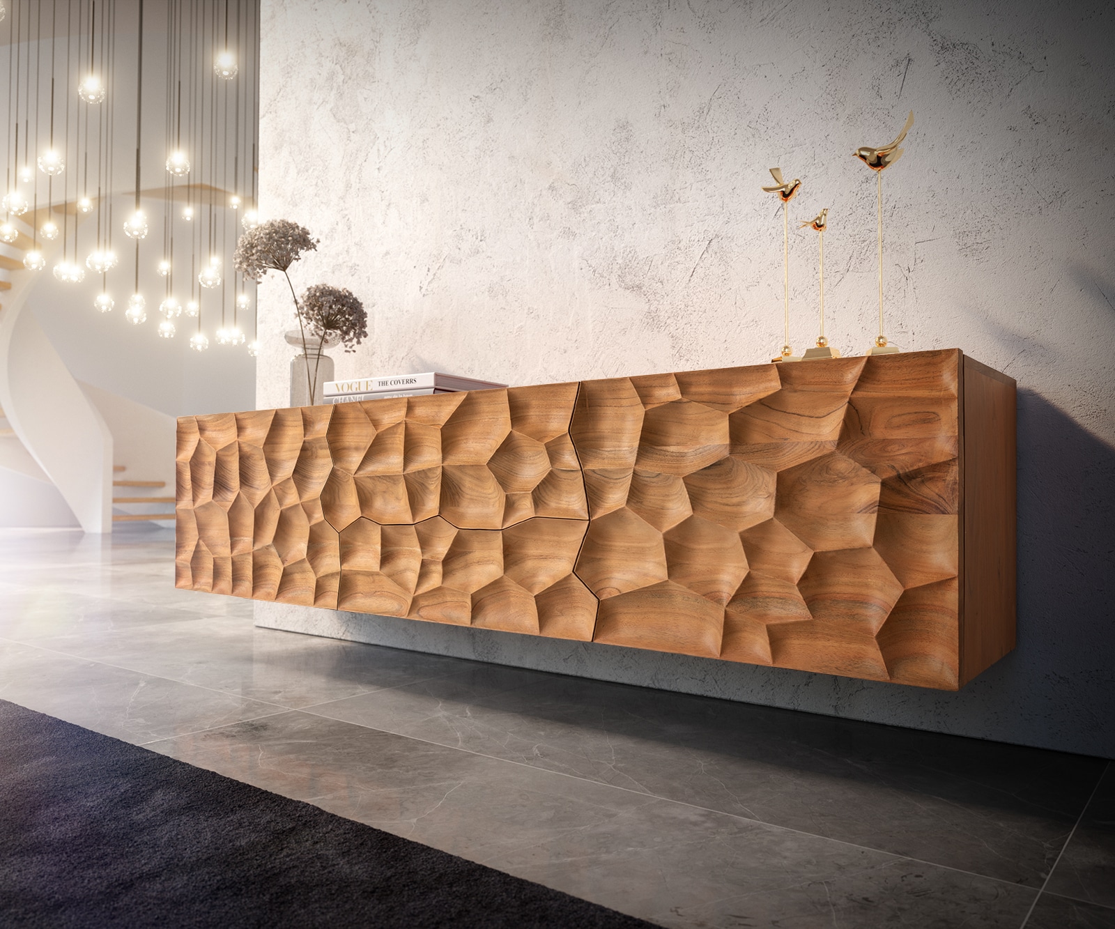 Meuble-TV Solu 175 cm acacia naturel 2 portes 2 tiroirs flottant façade 3D Meuble-TV Solu 175 cm acacia naturel 2 portes 2 tiroirs flottant façade 3D