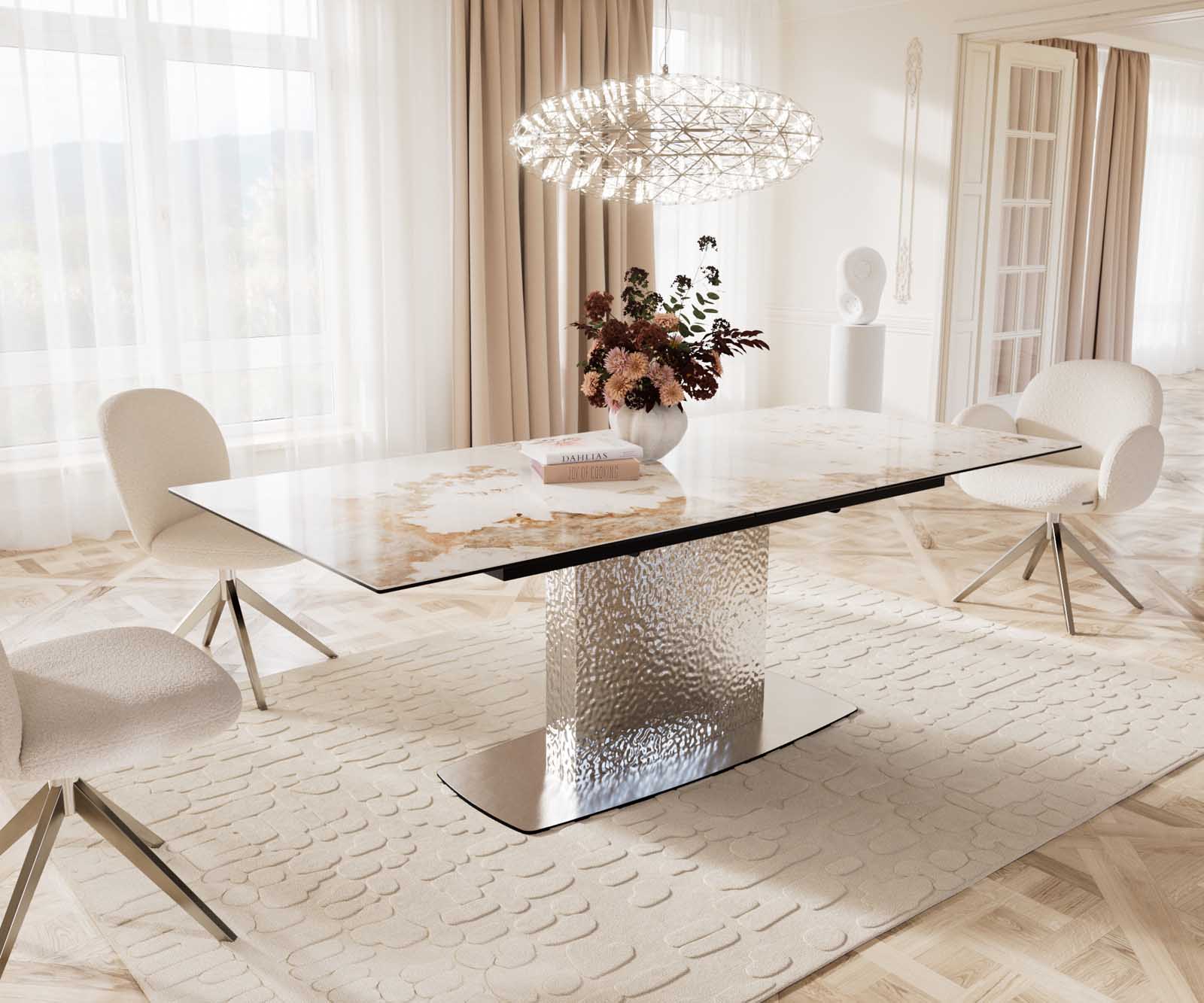 Table à manger Edge 180-220x100 céramique Minas mélange blanc-beige Wave acier inoxydable extensible 5