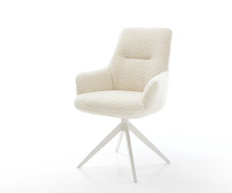 Chaise-pivotante Zelia-Flex avec accoudoirs tissu teddy beige pied croisé large blanc pivotement sur 360° fonction bascule resorts ensachés