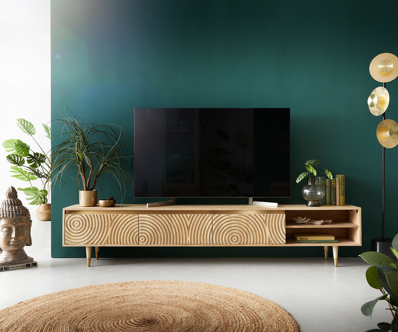 Meuble-TV Budaya 220 cm Mango naturel 3 portes pied conique 1 Meuble-TV Budaya 220 cm Mango naturel 3 portes pied conique 1