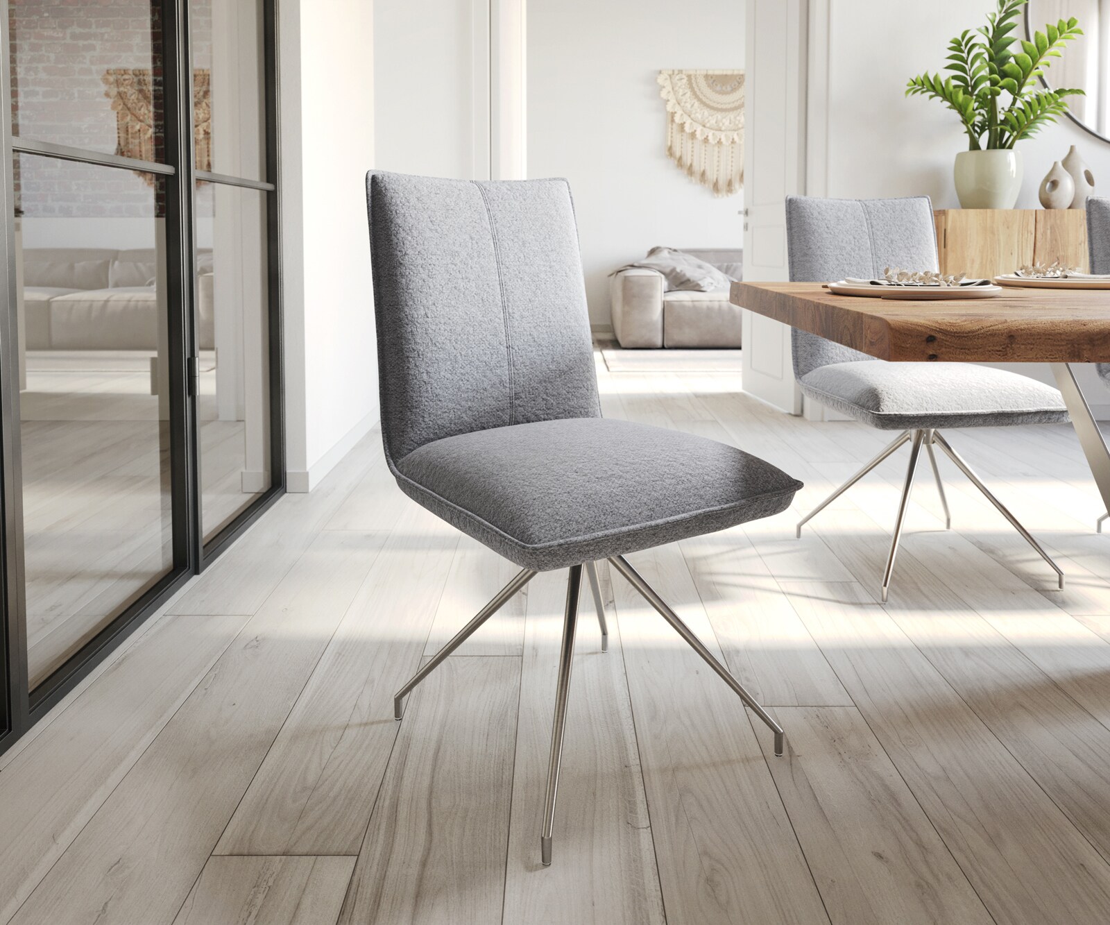 Chaise-de-salle-à-manger Lelio-Flex tissu texturé gris clair pied croisé conique acier inoxydable brossé ressorts ensachés