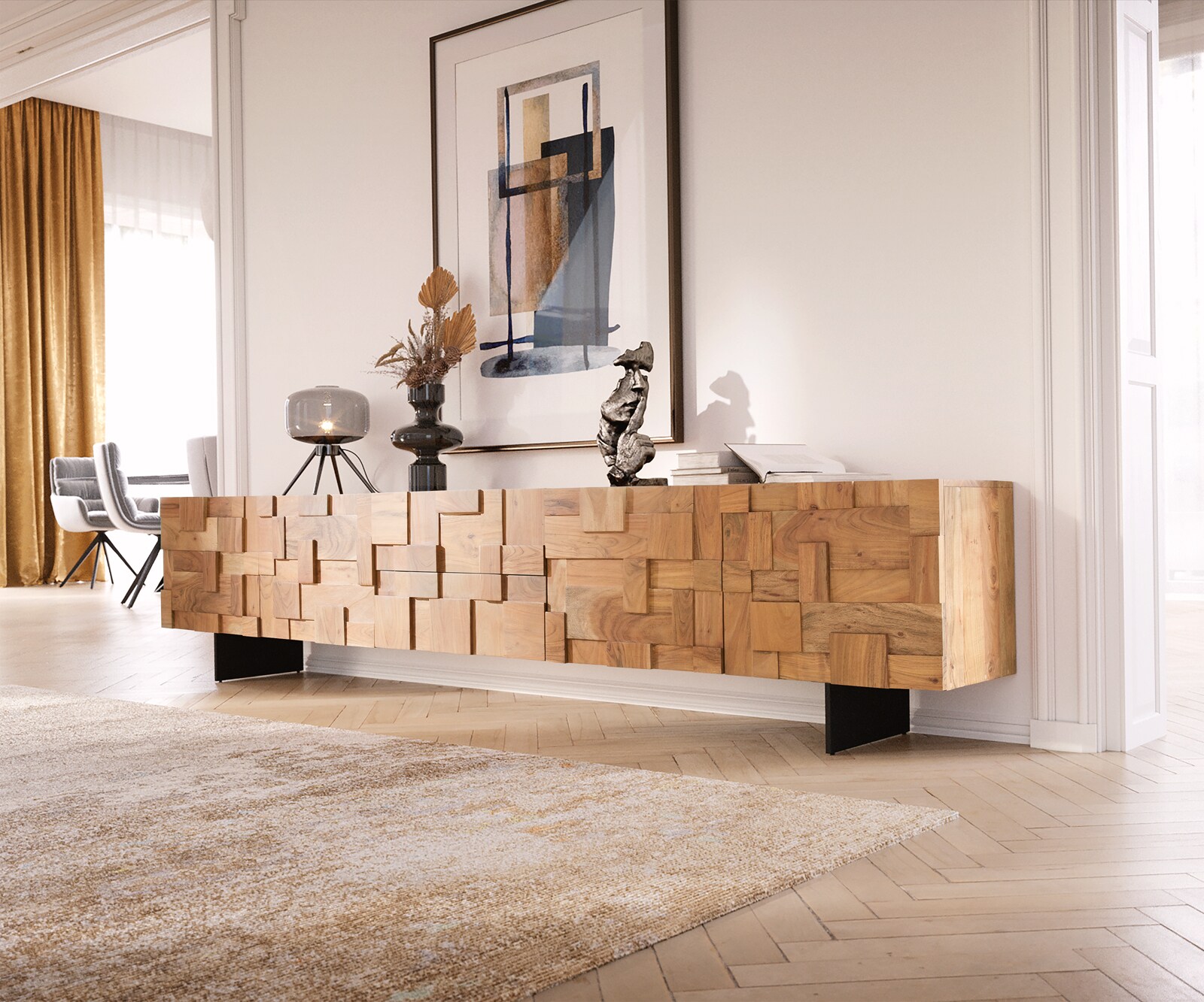 Meuble-TV Puzzle 260 cm 4 portes 2 tiroirs acacia naturel pied flottant métal noir