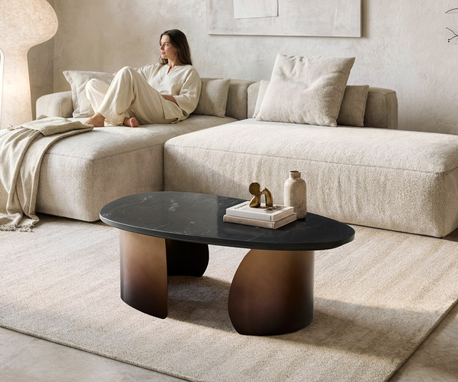 Table basse Marvello 100x50 cm marbre noir argenté métal Gold Ombre 1