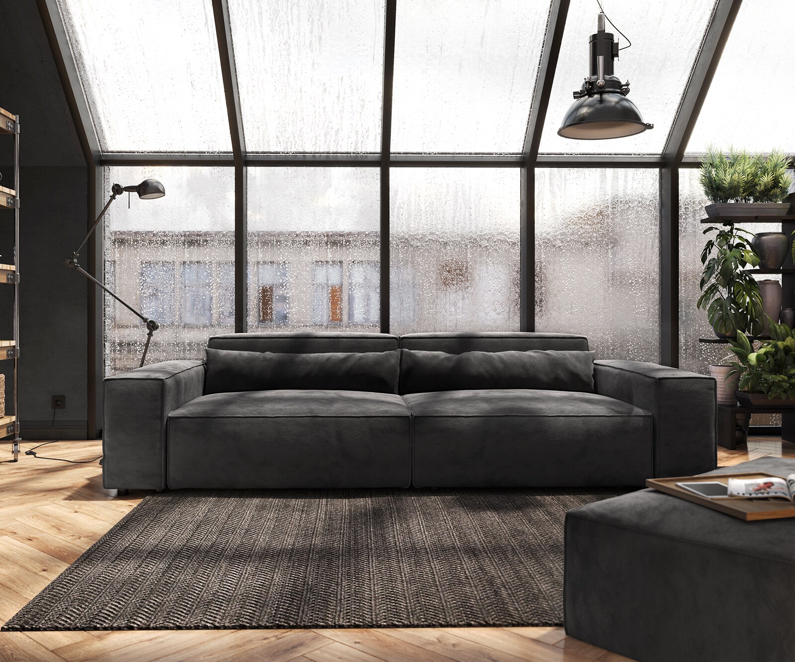 Grand Canapé Sirpio XL 270x130 cm Microfibre Noir avec Tabouret 1
