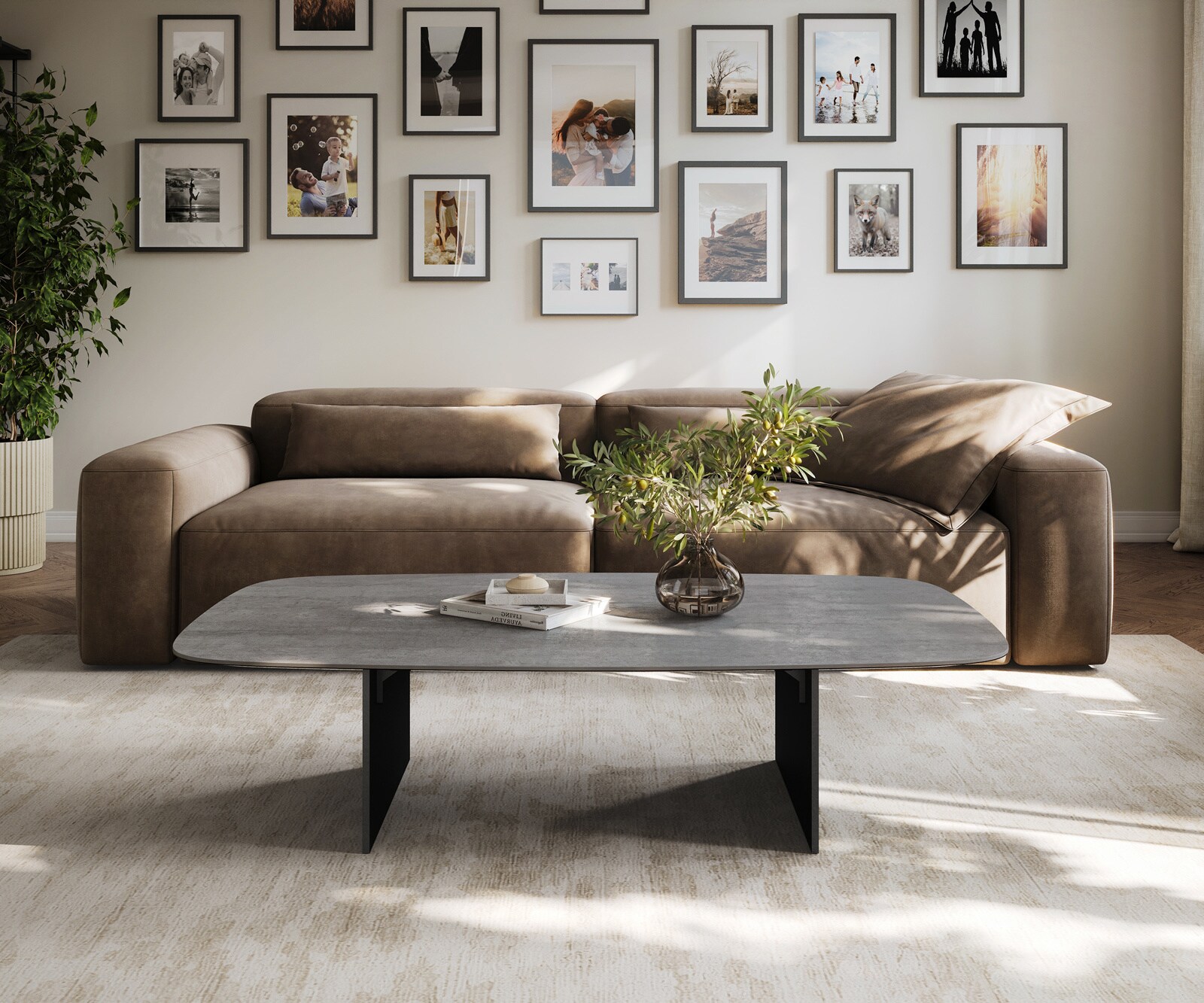 Table basse Edge forme bateau 140x80 cm céramique béton gris Salto métal noir 1